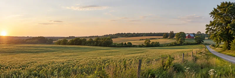 An illustrative Norfolk-inspired countryside panorama, with sunlit fields, woodland and a distant red barn